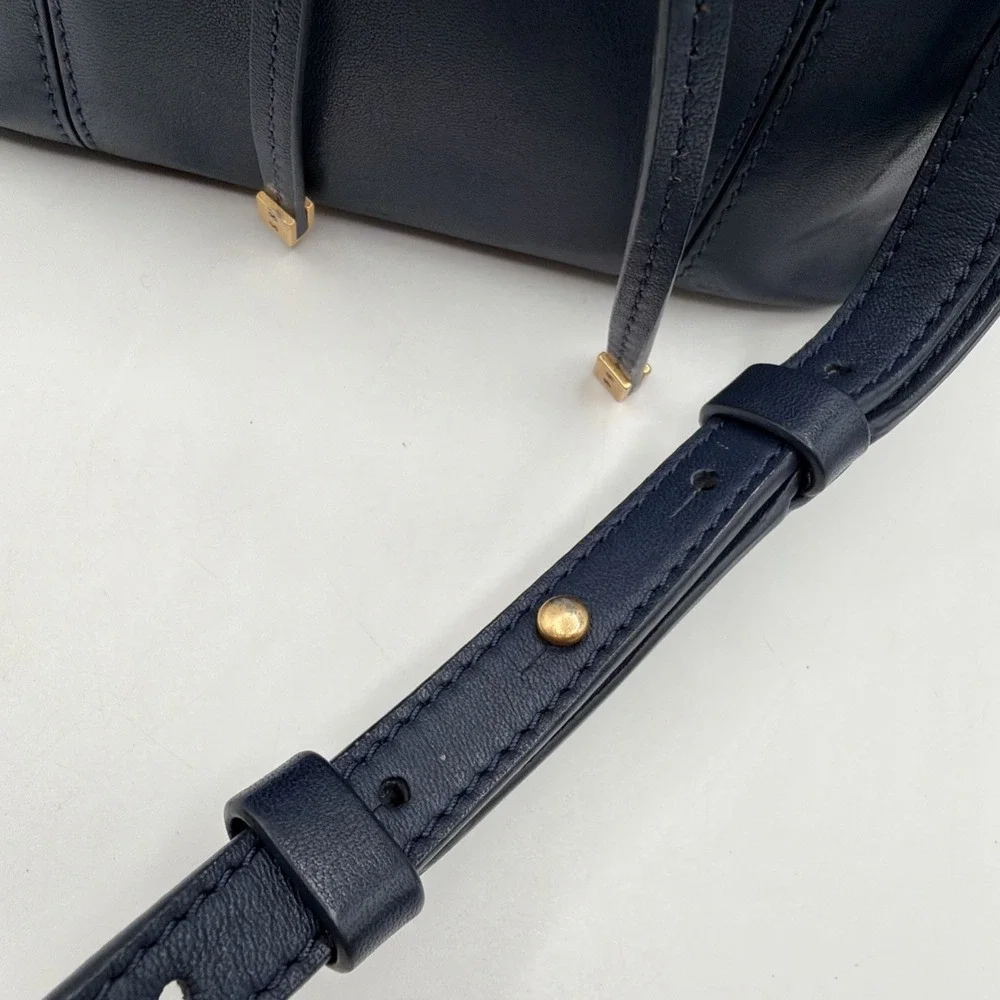 Tory Burch Block T Small Navy Blue Leather Bucket Bag Drawstring Closure